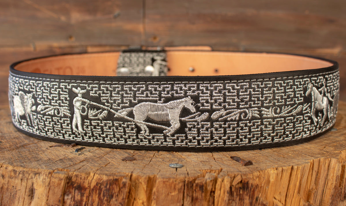 Detailed Stitching Genuine Leather Belt with Silver Belt Buckle made in Mexico Cinto De Plata / Western Belt – Rancho Culture main image 4