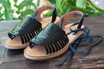 WOMENS BLACK LEATHER OPEN TOE LACE UP FLAT HUARACHE MEXICAN SANDALS