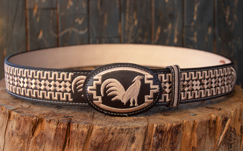 WESTERN ROOSTER EMBROIDERED BROWN MARIACHI LEATHER BELT