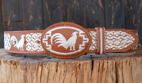 WESTERN ROOSTER EMBROIDERED MARIACHI LEATHER BELT
