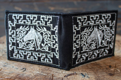 WESTERN BLACK LEATHER EMBROIDERED HORSE BIFOLD WALLET