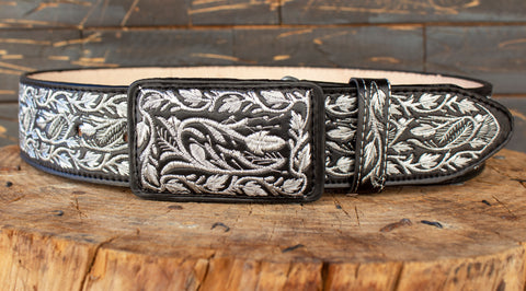 MENS WESTERN EMBROIDERED BLACK MARIACHI LEATHER BELT