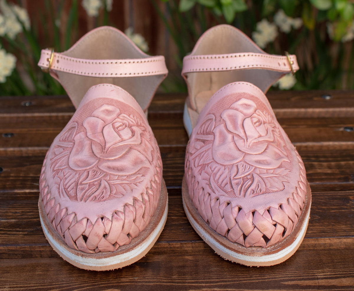 Mexican Shoes Huaraches Shoes For Girls WOMENS ROSE STAMPED PINK