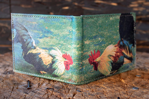 ROOSTERS COCKFIGHTING GALLO LASER PRINTED BIFOLD LEATHER WALLET