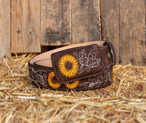 CHILDRENS YOUTH LEATHER SUNFLOWER EMBROIDERED WESTERN LEATHER BELT