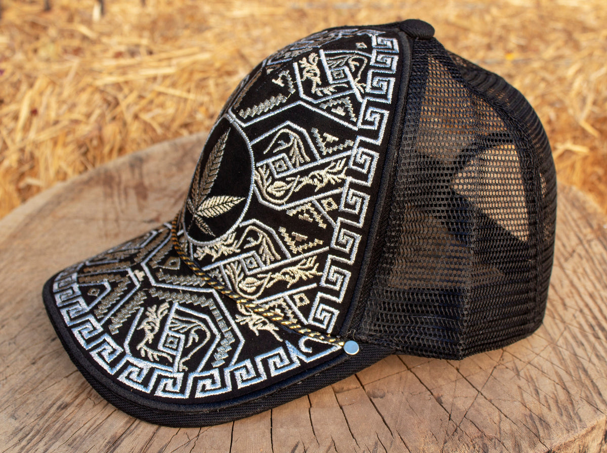 Gold & Silver EMBROIDERED MARIJUANA Leaf HAT adjustable trucker