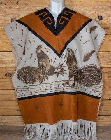 AUTHENTIC SUEDE LEATHER stamped Rooster gallo sheep wool cockfighting Mexican poncho rebozo Gaban