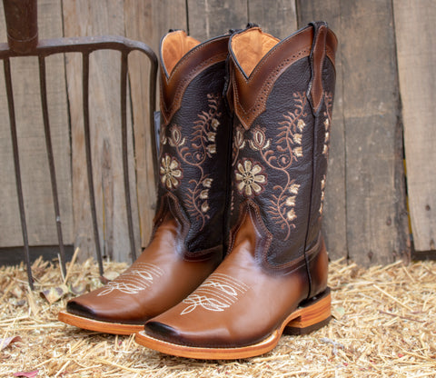 WOMENS LEATHER EMBROIDERED RUSTIC SQUARE TOE RODEO COWGIRL BOOTS