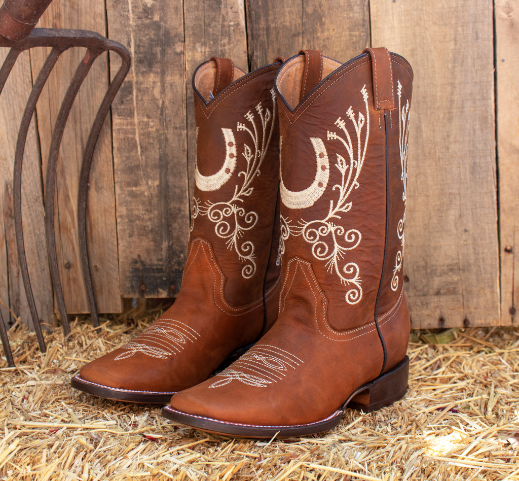 WOMENS LEATHER EMBROIDERED HORSESHOE SQUARE TOE RODEO COWGIRL BOOTS