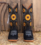 WOMENS LEATHER EMBROIDERED SUNFLOWER SQUARE TOE RODEO COWGIRL BOOTS