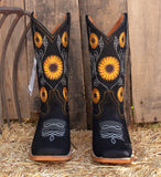 WOMENS LEATHER EMBROIDERED SUNFLOWER SQUARE TOE RODEO COWGIRL BOOTS