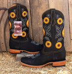 WOMENS LEATHER EMBROIDERED SUNFLOWER SQUARE TOE RODEO COWGIRL BOOTS