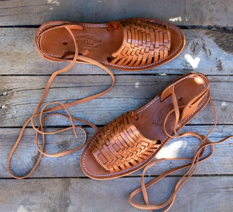 WOMENS BROWN LEATHER OPEN TOE LACE UP HUARACHE MEXICAN SANDALS