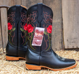 WOMENS LEATHER EMBROIDERED ROSE SQUARE TOE RODEO COWGIRL BOOTS