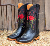 WOMENS LEATHER EMBROIDERED ROSE SQUARE TOE RODEO COWGIRL BOOTS