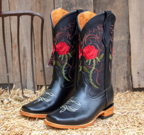 WOMENS LEATHER EMBROIDERED ROSE SQUARE TOE RODEO COWGIRL BOOTS