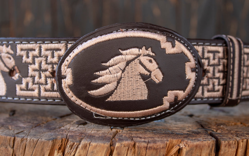 Embroidered brown leather belt