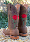 WOMENS LEATHER EMBROIDERED ROSE SQUARE TOE RODEO COWGIRL BOOTS