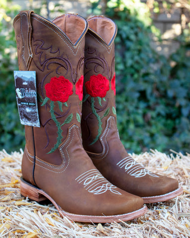 WOMENS LEATHER EMBROIDERED ROSE SQUARE TOE RODEO COWGIRL BOOTS
