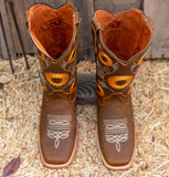 WOMENS LEATHER EMBROIDERED SUNFLOWER SQUARE TOE RODEO COWGIRL BOOTS
