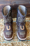 BABY WALKER TODDLER SQUARE TOE LEATHER BROWN HORSESHOE BOOTS
