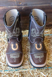 BABY WALKER TODDLER SQUARE TOE LEATHER BROWN HORSESHOE BOOTS