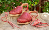 WOMENS LEATHER LACE UP BRICK ROSE STAMPED MEXICAN SANDALS