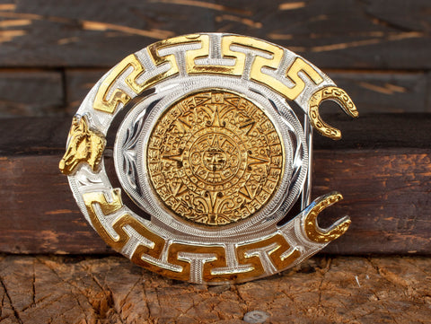 HORSESHOE AZTEC CALENDAR cowboy western belt buckle