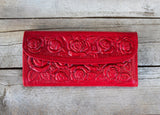 WOMENS LEATHER red rose STAMPED slim trifold leather hand wallet purse