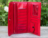 WOMENS LEATHER red rose STAMPED slim trifold leather hand wallet purse