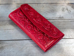 WOMENS LEATHER red rose STAMPED slim trifold leather hand wallet purse