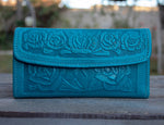 WOMENS LEATHER aqua green rose STAMPED slim trifold wallet