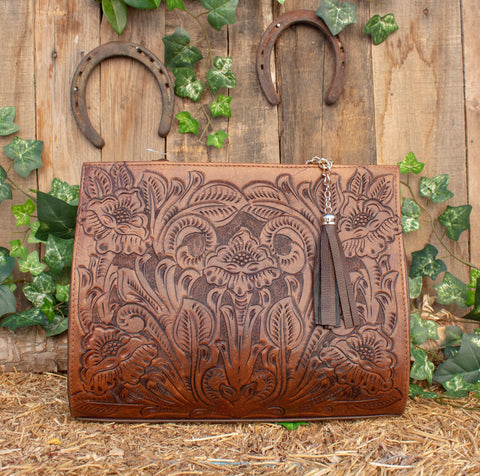 WOMENS FLORAL STAMPED Hand tooled genuine leather tote bag purse