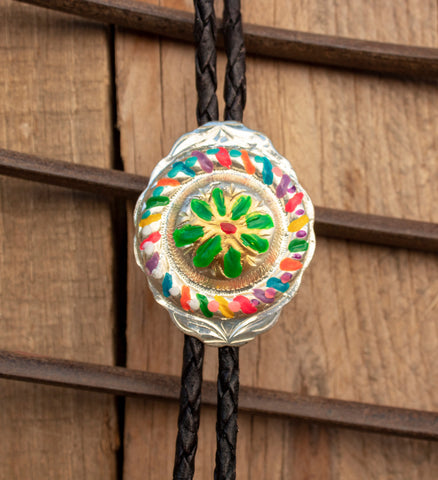 WOMENS Western Alpaca silver Folkloric Folklorico handcrafted leather BOLO TIE corbatero charro