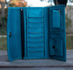 WOMENS LEATHER aqua green rose STAMPED slim trifold wallet