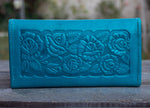WOMENS LEATHER aqua green rose STAMPED slim trifold wallet