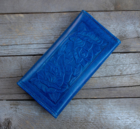 WOMENS LEATHER blue rose STAMPED slim trifold leather hand wallet purse