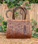 WOMENS FLORAL STAMPED Hand tooled genuine leather tote bag purse