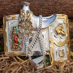 HORSE SADDLE ENGRAVED Virgen de Guadalupe Virgin Mary cowboy Mariachi alpaca silver belt buckle sillin caballo