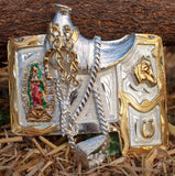 HORSE SADDLE ENGRAVED Virgen de Guadalupe Virgin Mary cowboy Mariachi alpaca silver belt buckle sillin caballo