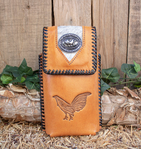 LEATHER ROOSTER Gallo STAMPED western cowboy rodeo cell phone case pouch with cowhair
