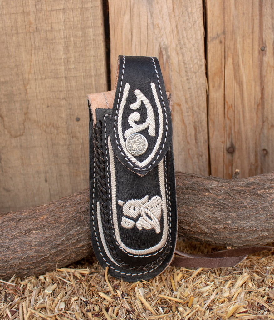 HANDCRAFTED LEATHER Bull Hemp embroidered 5 inch knife SHEATH funda na –