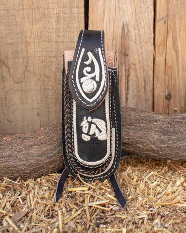 HANDCRAFTED LEATHER Hemp horse embroidered 5 inch knife SHEATH funda navaja piteada