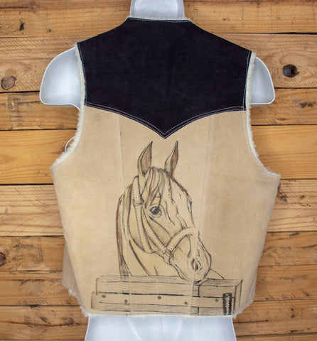 AUTHENTIC SUEDE LEATHER stamped Horse Western sheep wool cowboy Caballo vest Size M