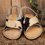 MENS LEATHER 2 strap COWHAIR black & white mexican sandals with tire sole Size 10 Huarache pelo de vaca