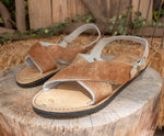 MENS LEATHER 2 strap brown COWHAIR mexican sandals with tire sole Size 9 Huarache pelo de vaca