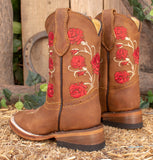 GIRLS TODDLER YOUTH Red rose embroidered western square toe leather cowboy boots