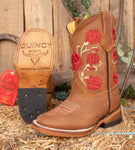 GIRLS TODDLER YOUTH Red rose embroidered western square toe leather cowboy boots