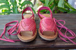 WOMENS PINK LEATHER OPEN TOE LACE UP FLAT HUARACHE MEXICAN SANDALS