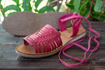 WOMENS PINK LEATHER OPEN TOE LACE UP FLAT HUARACHE MEXICAN SANDALS